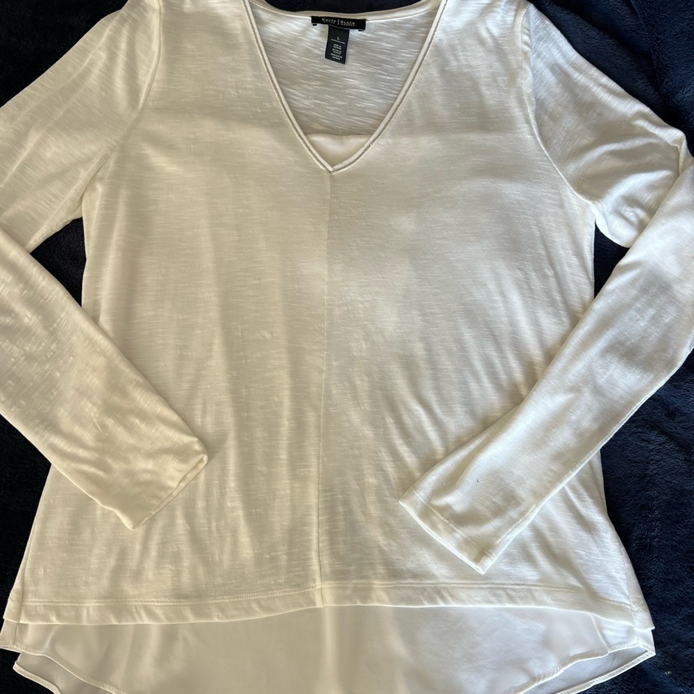 White House Black Market Cream Long Sleeve V-Neck Top